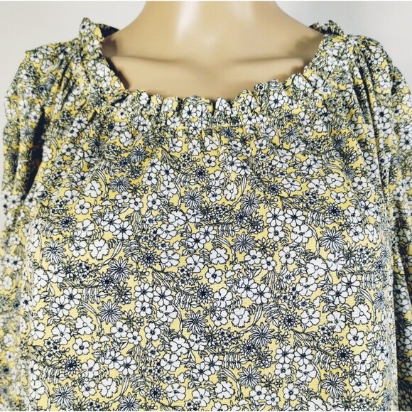 Max Studio Top Women's L  Ruched Long Sleeves Modest Gathered Neck Yellow Floral - Picture 1 of 10